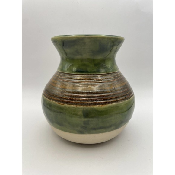 Studio Art Pottery Vase Hand Painted in Green with Textured Brown Stripes - Picture 2 of 11